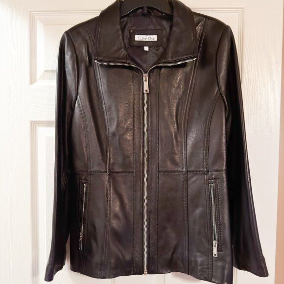 Calvin Klein Women's Black Leather Jacket Sz. L Like New - Picture 1 of 7